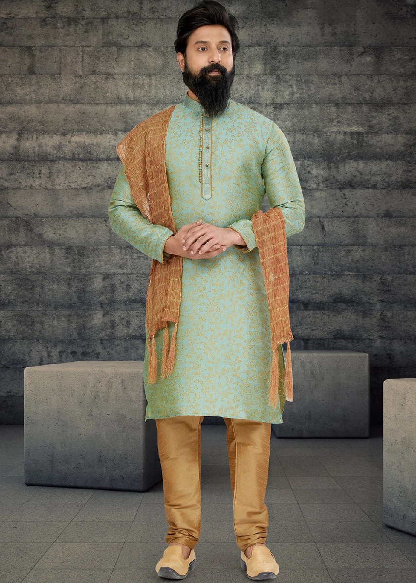 Green Festive Kurta Pajama In Woven Work, 36-1.webp